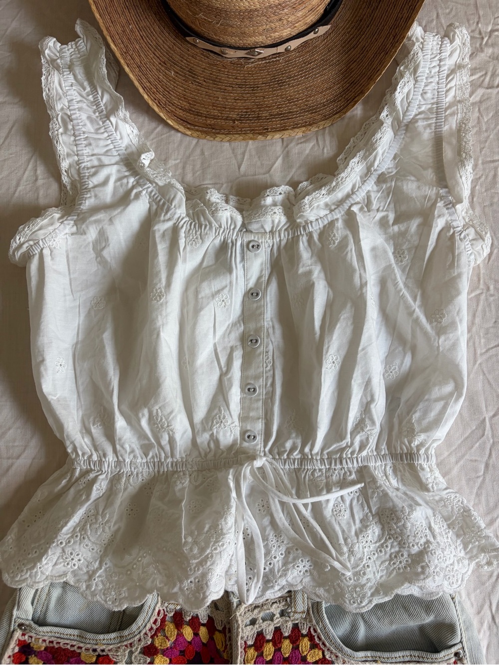 White Eyelet Ruffle Button-Front Women’s Top - Picture 3 of 4